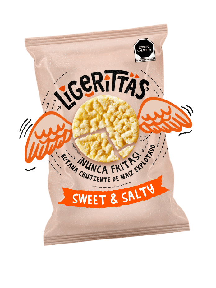 Empaque frontal de Ligerittas, botana sin gluten